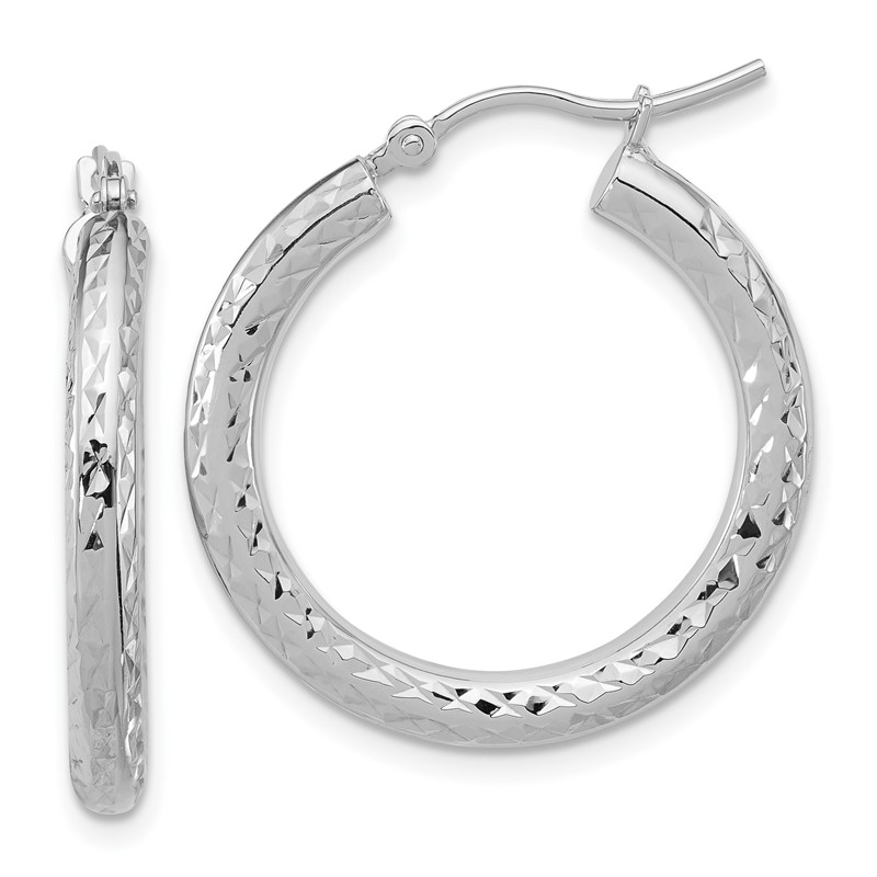 14k White Gold Diamond-cut 3mm Round Hoop Earrings