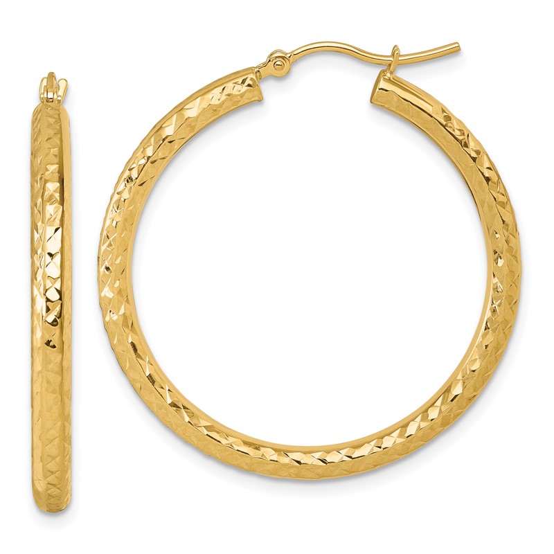 14k Diamond-cut 3mm Round Hoop Earrings