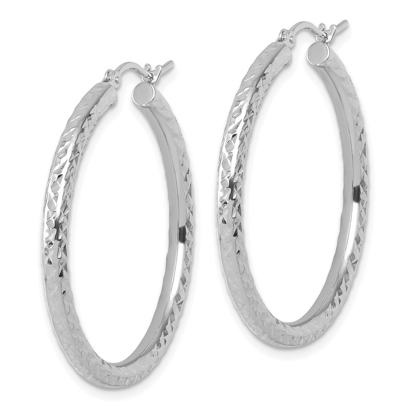 14k White Gold Diamond-cut 3mm Round Hoop Earrings