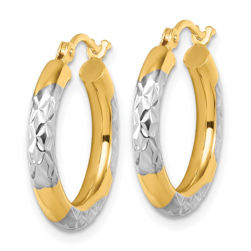 14k with Rhodium Diamond Cut 3mm Hoop Earrings