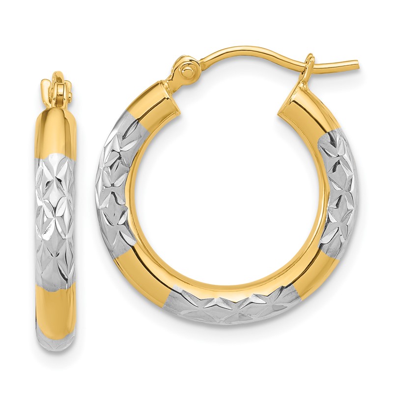 14k with Rhodium Diamond Cut 3mm Hoop Earrings