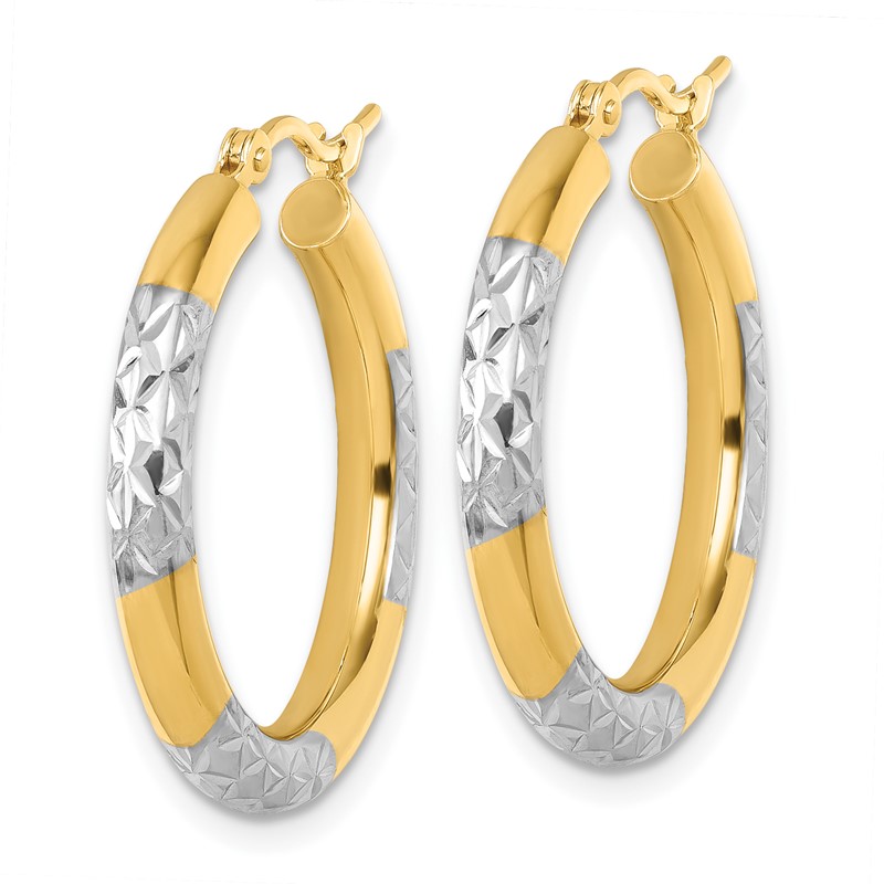 14k with Rhodium Diamond Cut 3mm Hoop Earrings