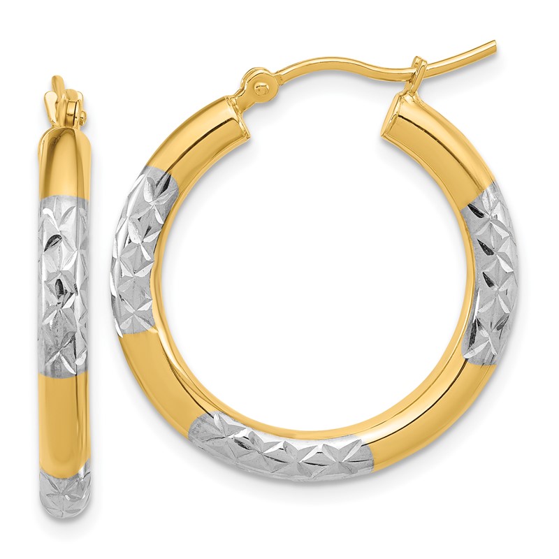 14k with Rhodium Diamond Cut 3mm Hoop Earrings