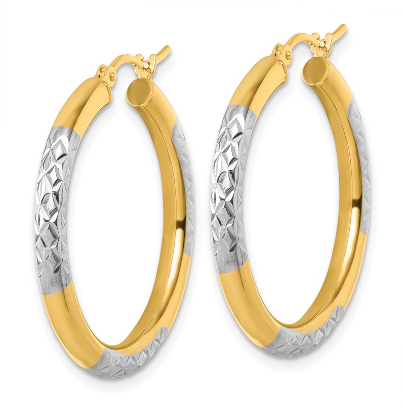14k with Rhodium Diamond Cut 3mm Hoop Earrings