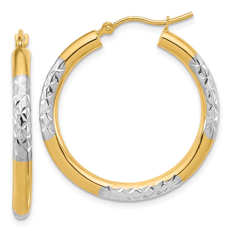 14k with Rhodium Diamond Cut 3mm Hoop Earrings