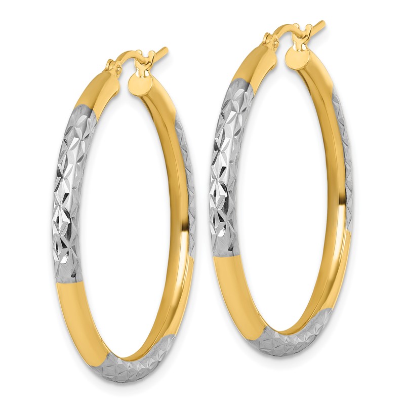 14k with Rhodium Diamond Cut 3mm Hoop Earrings