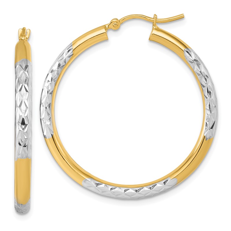 14k with Rhodium Diamond Cut 3mm Hoop Earrings