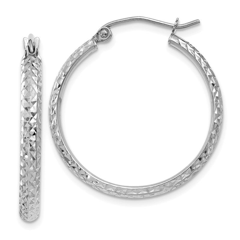 14k White Gold D/C 2.8x25mm Hollow Hoop Earrings