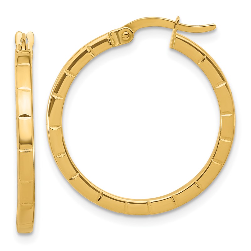 14K Polished and Grooved Round Hoop Earrings