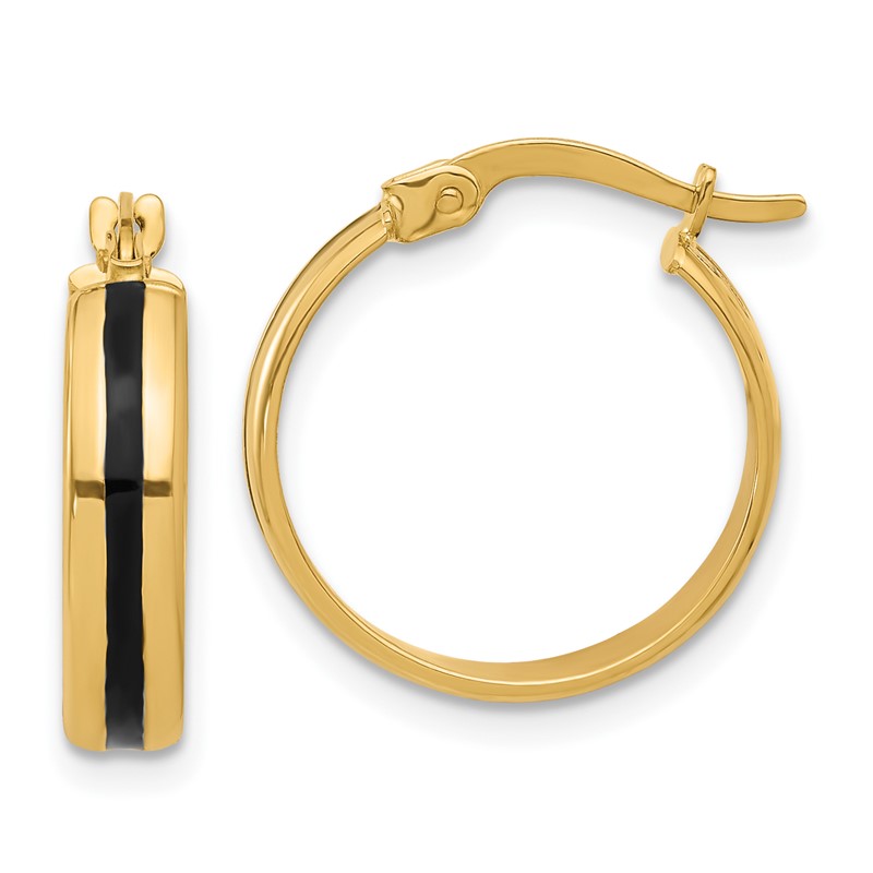 14K Polished with Black Enamel Hoop Earrings