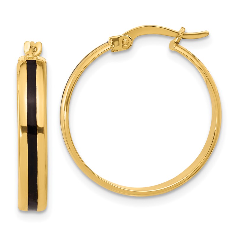14K Polished with Black Enamel Hoop Earrings