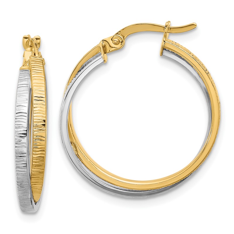 14K Two-tone Polished and Textured Bypass Hoop Earrings