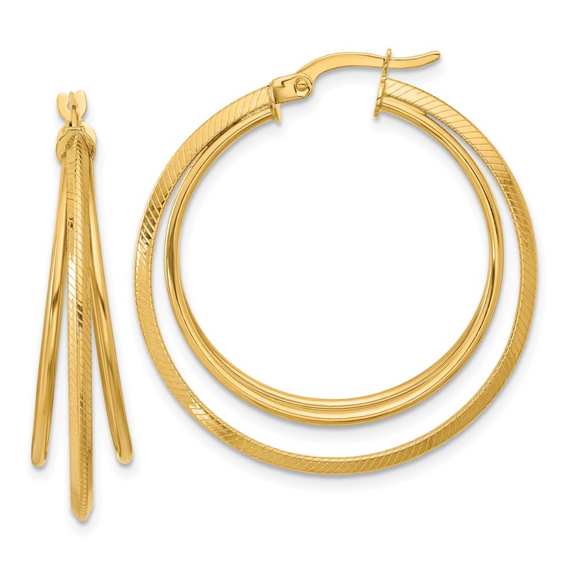 14K Polished and Textured Triple Row Hoop Earrings