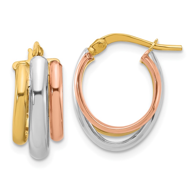 14K with White Rhodium and Rose Gold Plating Polished 3 Row Oval Hoop Earrings