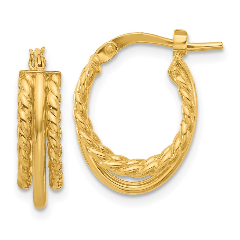 14K Polished and Textured 3-Row J-Hoop Post Earrings