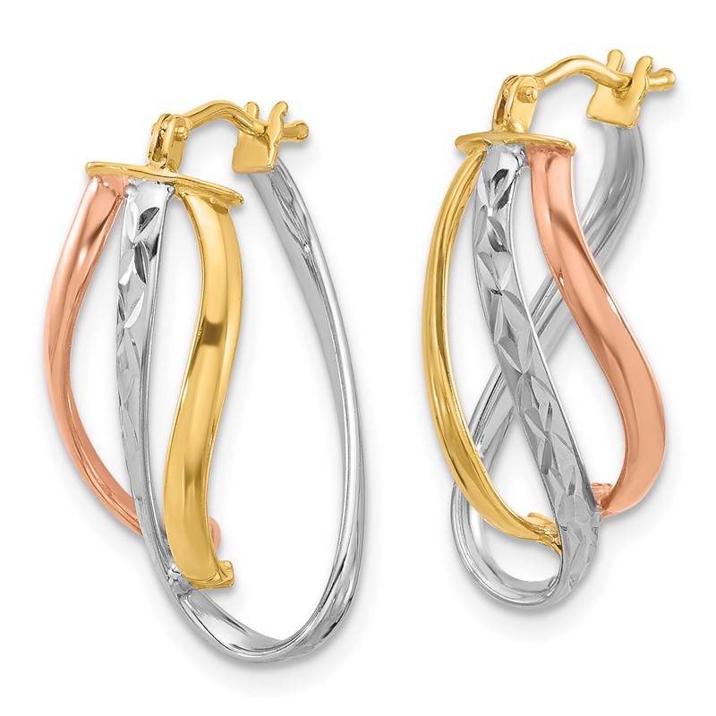14K with White Rhodium and Rose Gold Plating Polished and Diamond-cut Fancy Hoop Earrings