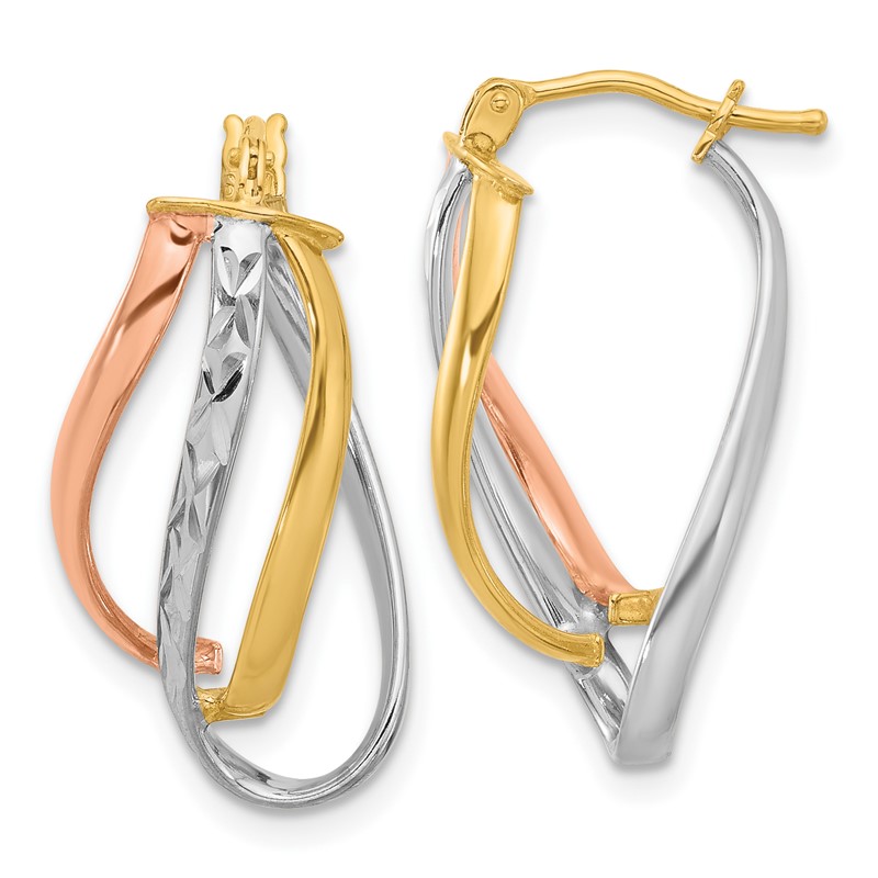 14K with White Rhodium and Rose Gold Plating Polished and Diamond-cut Fancy Hoop Earrings