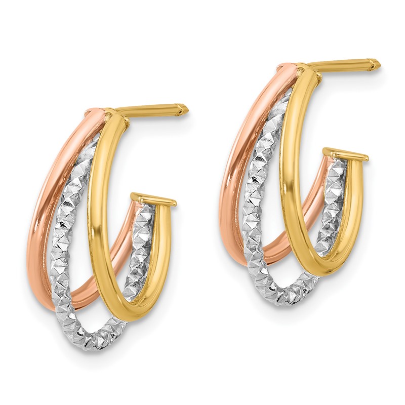 14K with White Rhodium and Rose Gold Plating Textured 3 Row Post J-Hoop Earrings