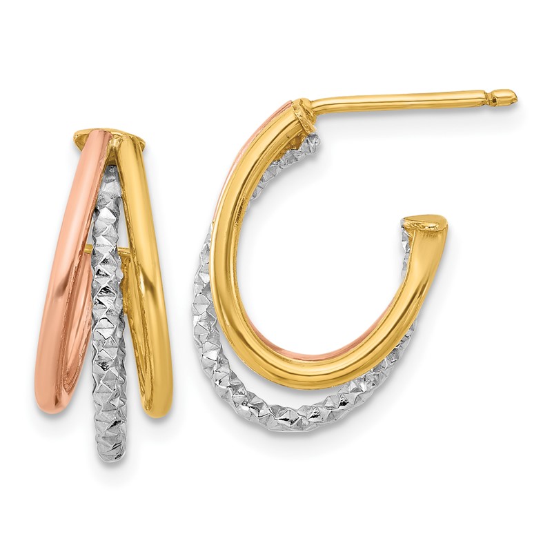14K with White Rhodium and Rose Gold Plating Textured 3 Row Post J-Hoop Earrings