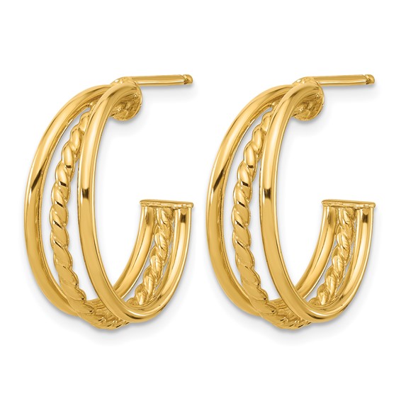 Leslie's 14K Polished and Textured 3-Row Round J-Hoop Post Earrings