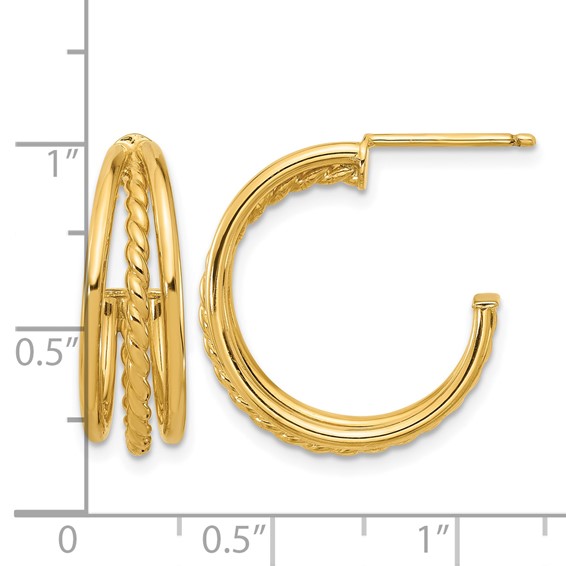 Leslie's 14K Polished and Textured 3-Row Round J-Hoop Post Earrings