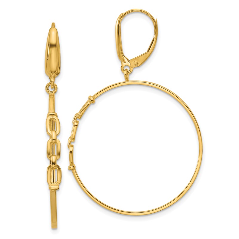 14K Polished Link Design Leverback Hoop Earrings
