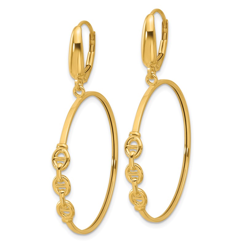 14K Polished Link Design Leverback Hoop Earrings