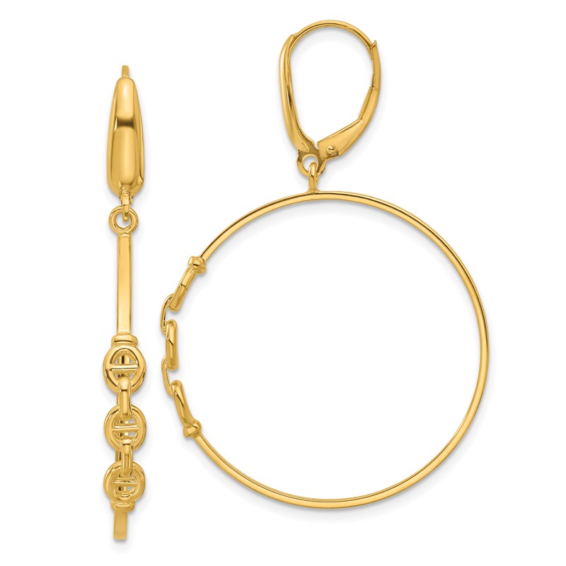14K Polished Link Design Leverback Hoop Earrings
