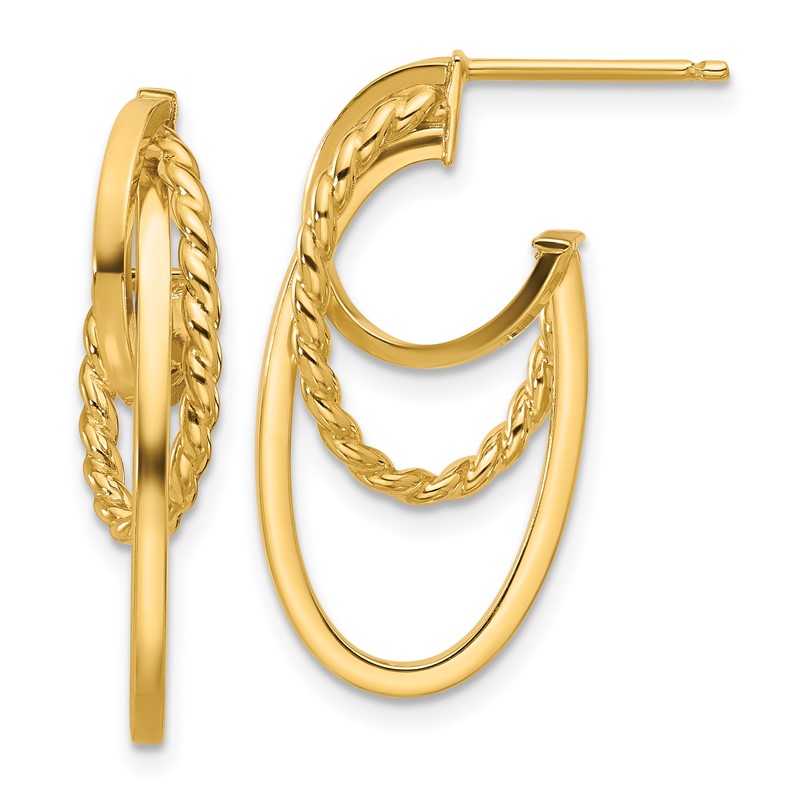 14K Polished and Twisted Oval J-Hoop Post Earrings