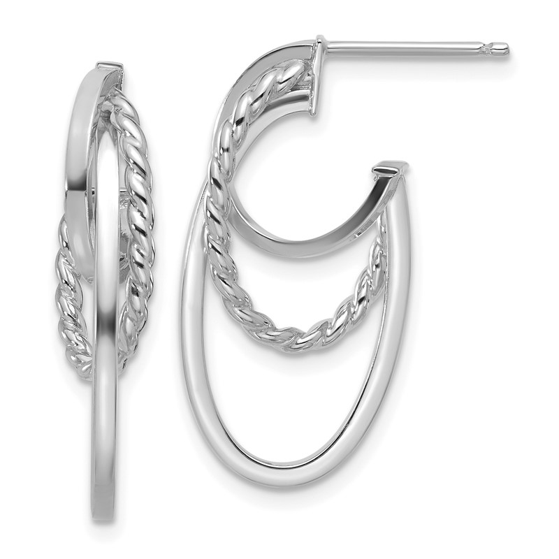 14K w/White RH-plating Polish/ Twisted Oval J-Hoop Earrings
