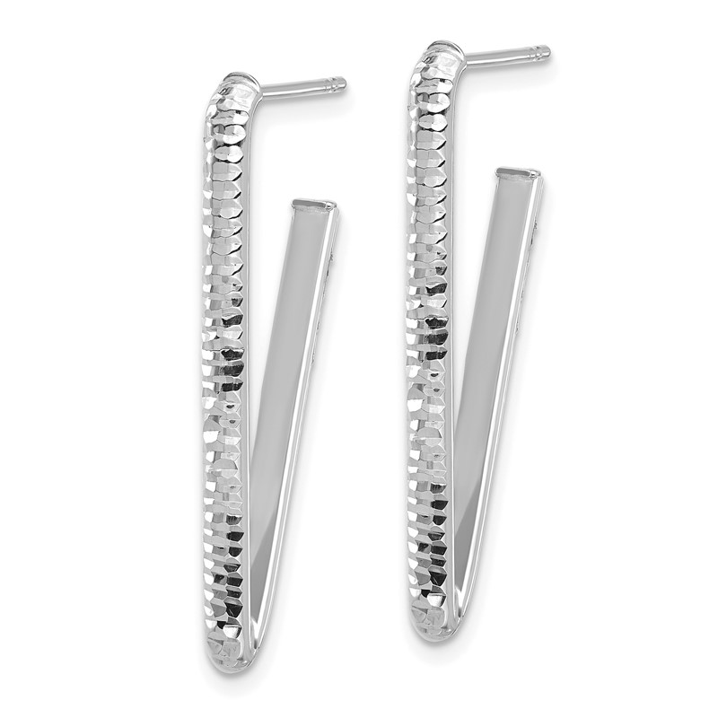 14K w/Wht RH-plat Polished/Dia-cut Triangle J-Hoop Earrings