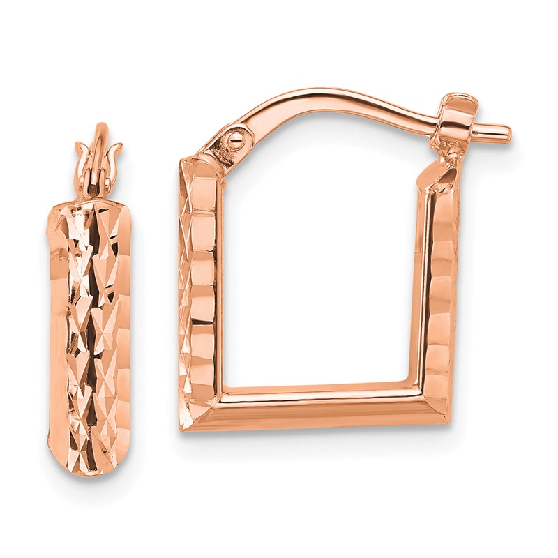 14K w/Rose RH-plat Polished/Dia-cut Square Hoop Earrings