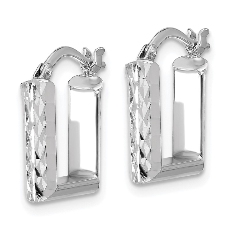 14K w/White RH-plat Polished/Dia-cut Square Hoop Earrings