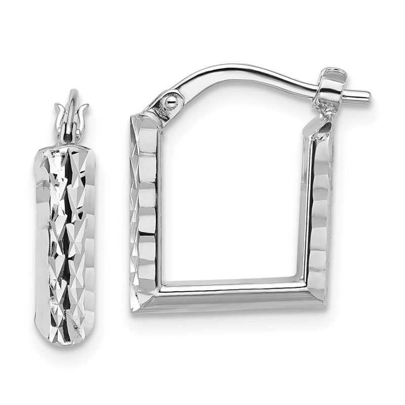 14K w/White RH-plat Polished/Dia-cut Square Hoop Earrings