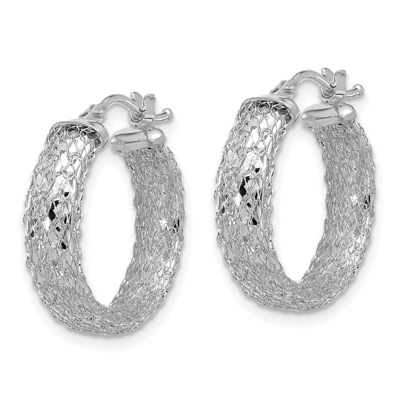 14K w/Wht RH-plating Polish/Texture/Dia-cut Hoop Earrings