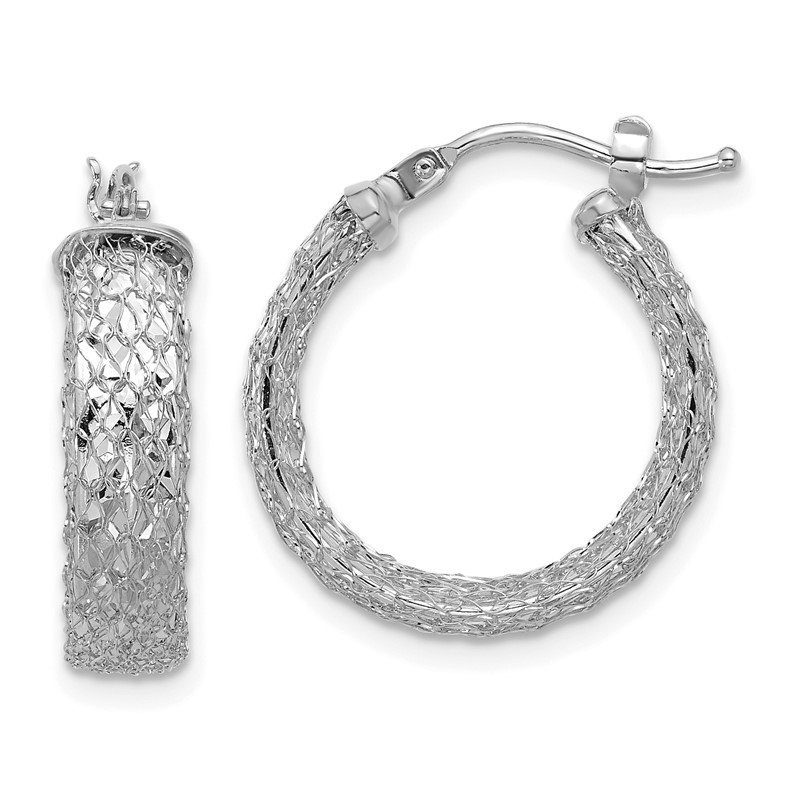 14K w/Wht RH-plating Polish/Texture/Dia-cut Hoop Earrings