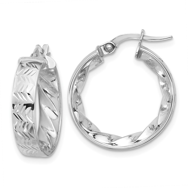 14k w/ White Rhodium Plating Polished and D/C Hoop Earrings