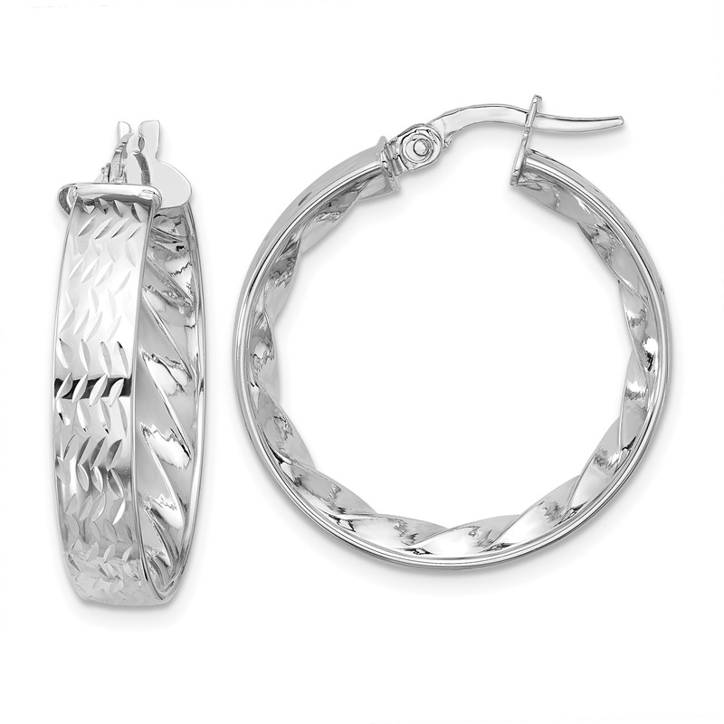 14k w/ White Rhodium Plating Polished and D/C Hoop Earrings