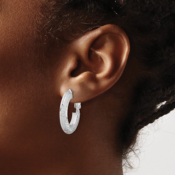 Leslie's 14k with White Rhodium Plating Polished and Diamond-cut Omega Back Hoop Earrings