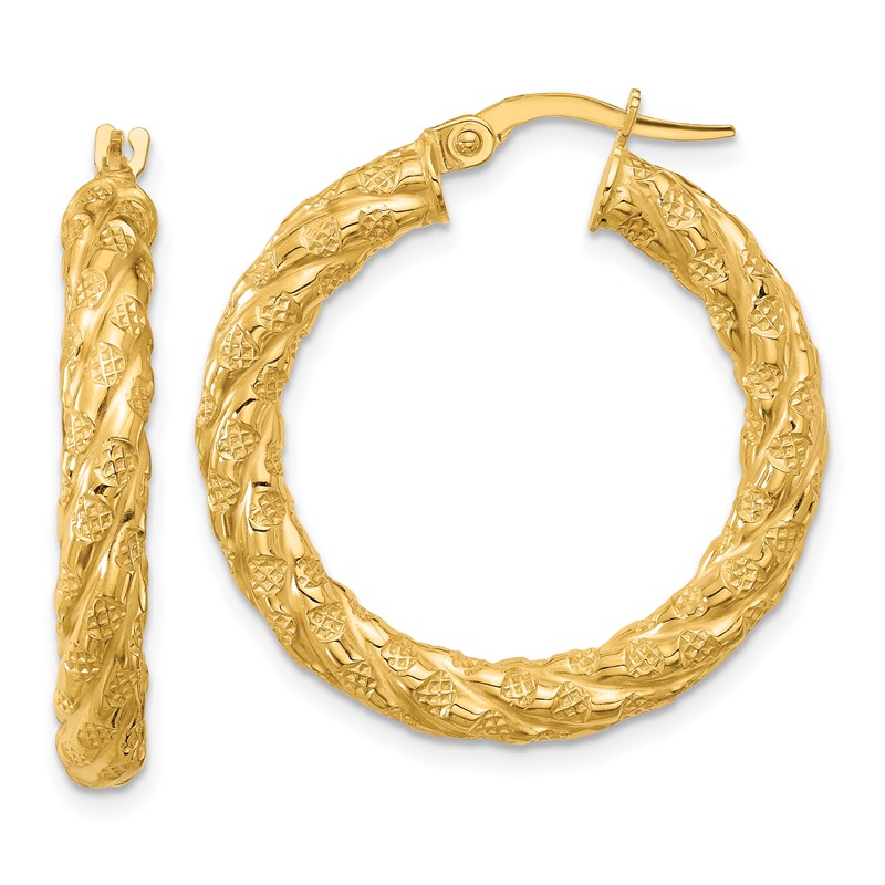 14k Polished and Textured Twisted Circle Hoop Earrings