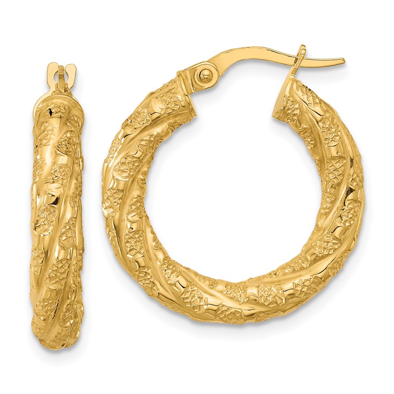 14k Polished and Textured Twisted Tube Hoop Earrings