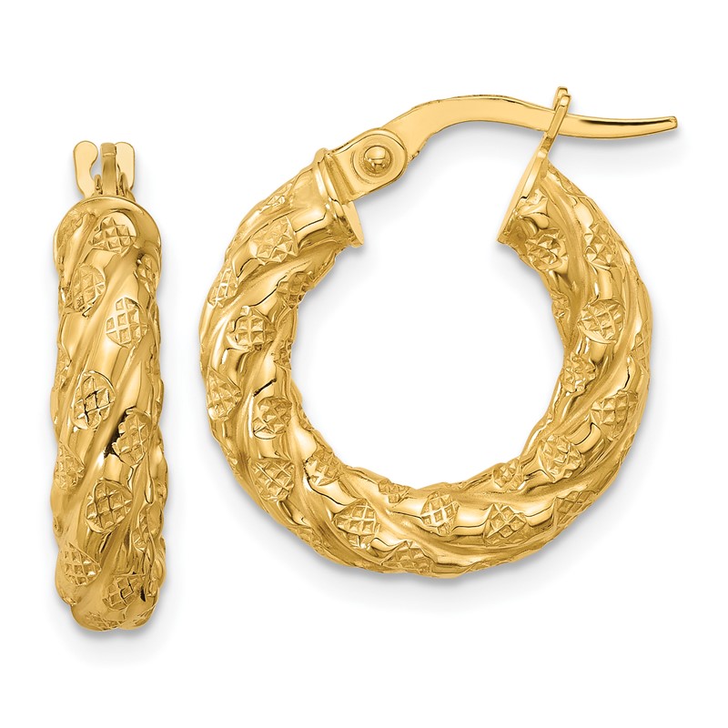 14k Polished and Textured Twisted Tube Hoop Earrings