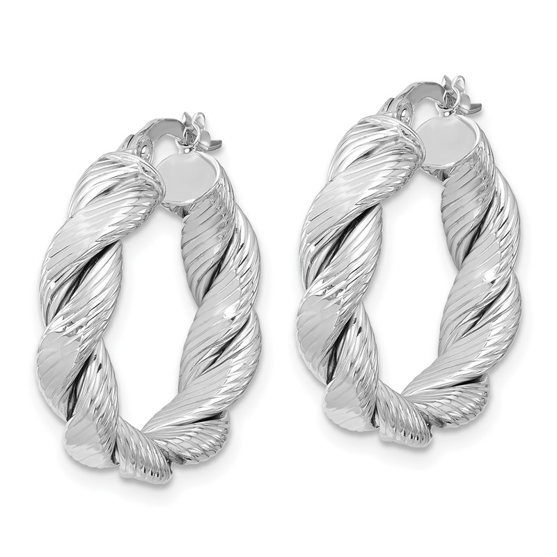 14k with White Rhodium Plating Polished and Textured Twisted Hoop Earrings