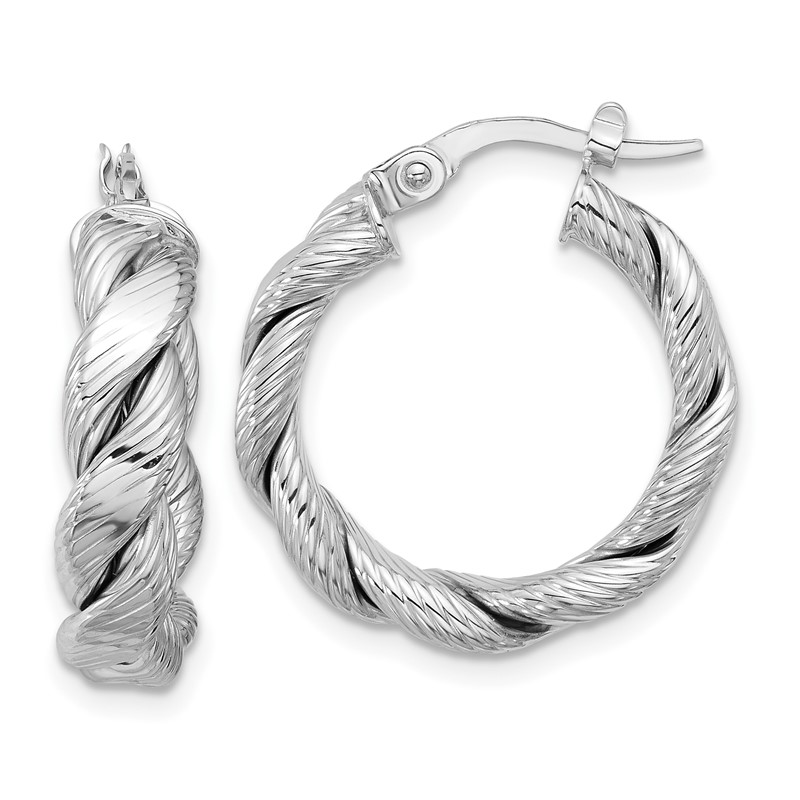 14k with White Rhodium Plating Polished and Textured Twisted Hoop Earrings