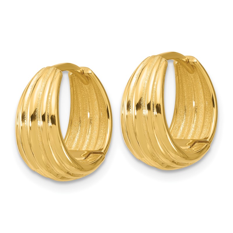 14K Polished/Grooved Round Huggie Hoop Earrings