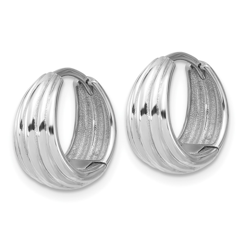 14K WG Polished/Grooved Round Huggie Hoop Earrings