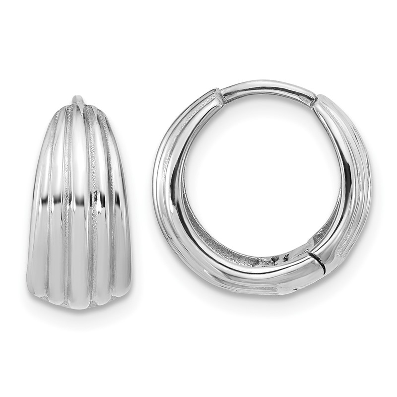 14K WG Polished/Grooved Round Huggie Hoop Earrings