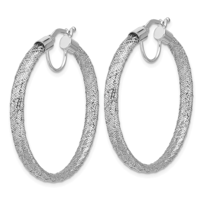 14K w/White RH-Plating Polished Mesh Round Hoop Earrings