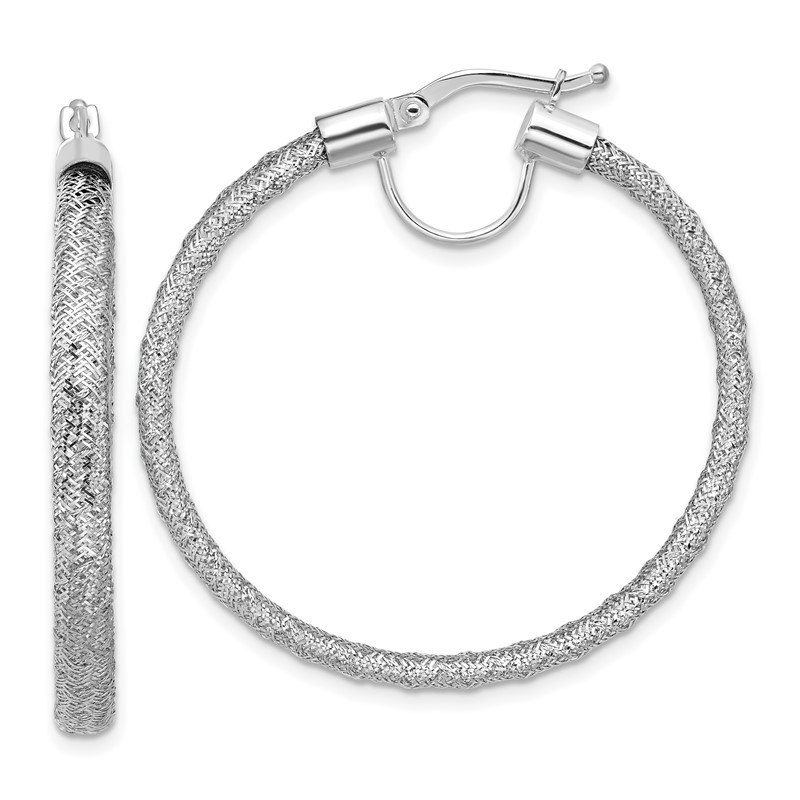 14K w/White RH-Plating Polished Mesh Round Hoop Earrings