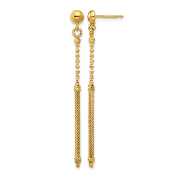 Leslie's 14K Polish/Texture/Dia-cut Bead w/Bar Dangle Post Earrings